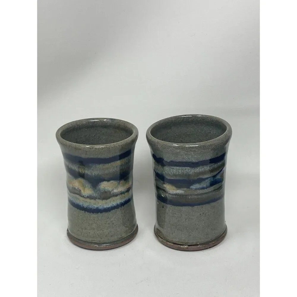 Pottery Air Plant/Vase/Mug Cup Ceramic Clay Handmade Blue Grey Set of 2 Signed.